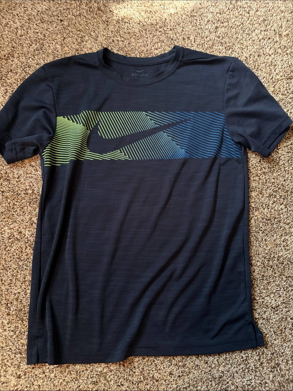 Nike Men's Navy Short Sleeve Tee with Green and Blue Graphic
